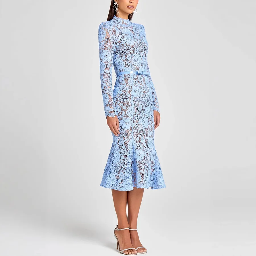 Mermaid Dress for Women Sexy Lace Floral Overlay Fishtail Dress Evening Cocktail Wedding Guest Party Bodycon Dress with Belt