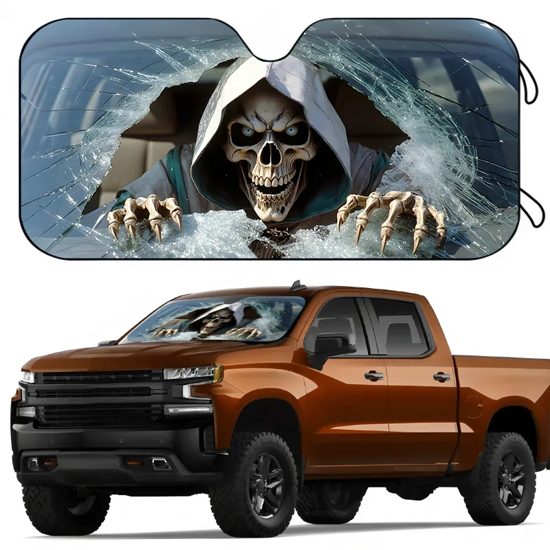 1pc Skull-Themed Car Sunshade, Foldable For Easy Storage, Effectively Prevents Temperature Rise. As A Car Windshield Sunshade, T