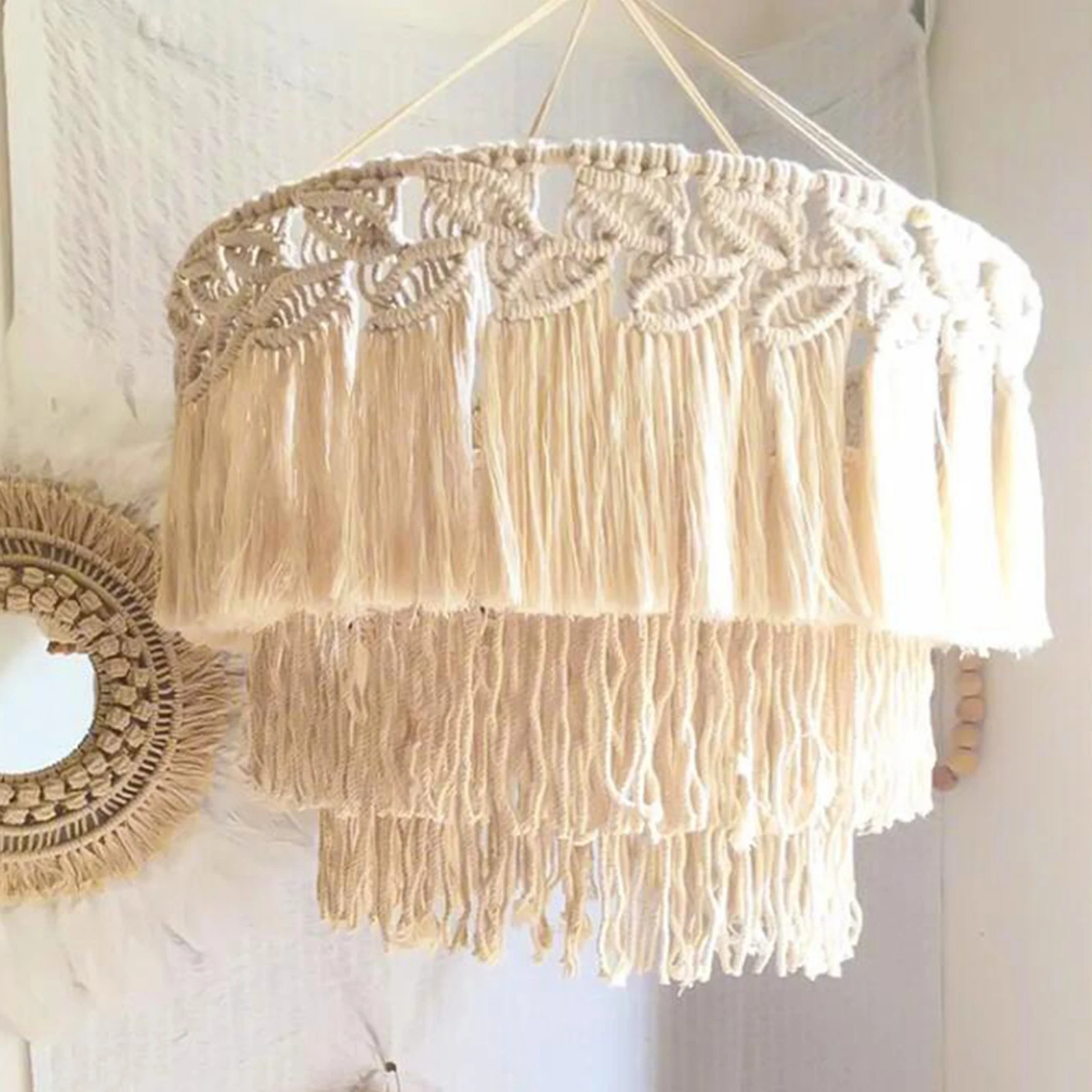 Macrame Lamp Shade Boho Pendant Light Shade Ceiling Light Cover Chandelier Decorative for Dorm Living Room Home Decor