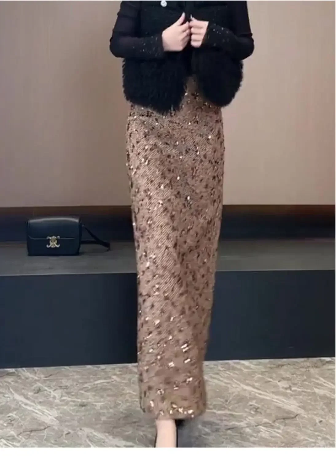 

New Autumn Fashion Slim Long Skirt Women Golden Sequined High Waist A-Line Office Lady Tweed Skirts Elegant Party Jupe