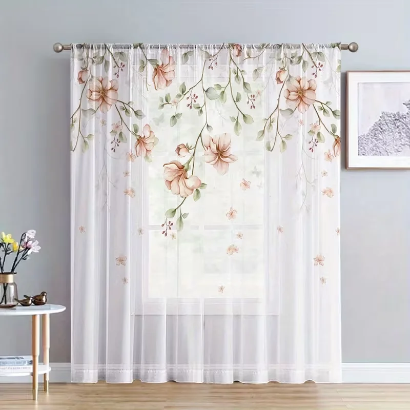 1PC Blush Pink Magnolia Vine Sheer Curtains - Romantic Watercolor Floral Window Drapes