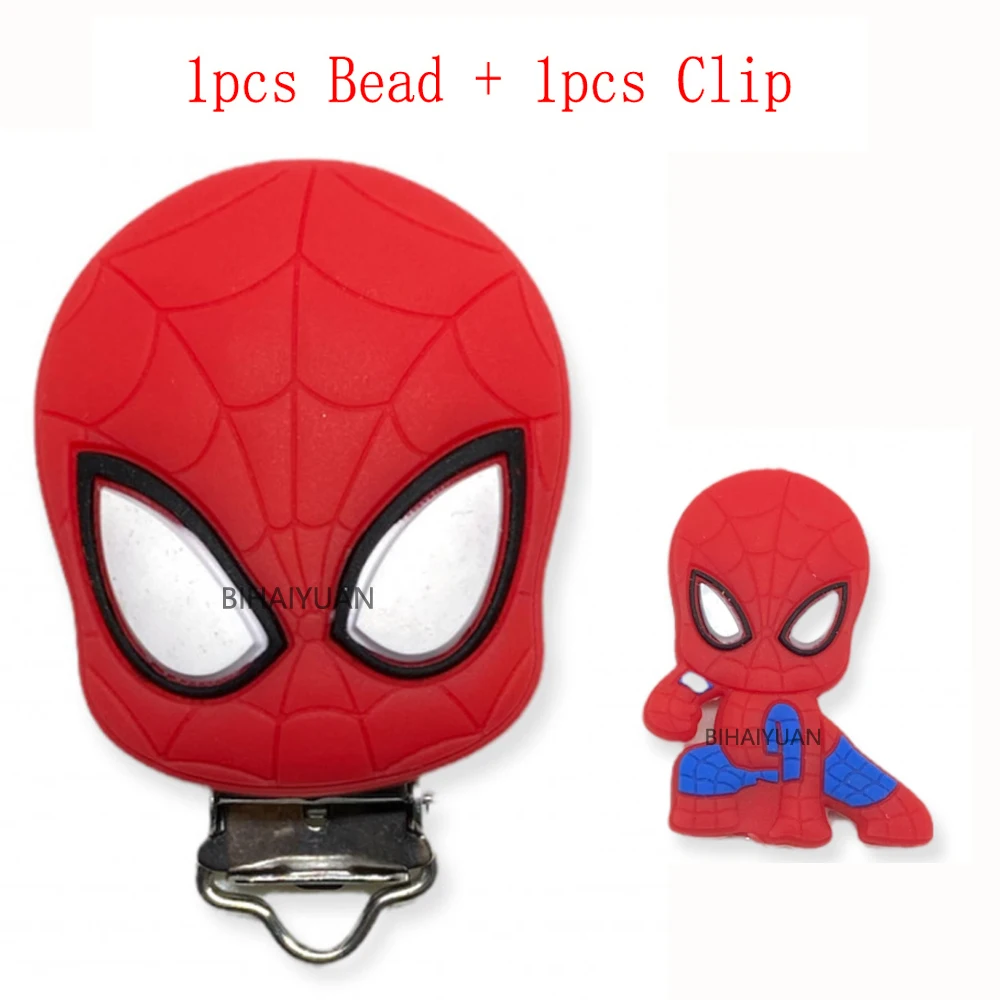 2 uds un juego de cuentas de superhéroe Spiderman de silicona y clip para chupete mordedor de bebé de calidad alimentaria para mordedor con Clip