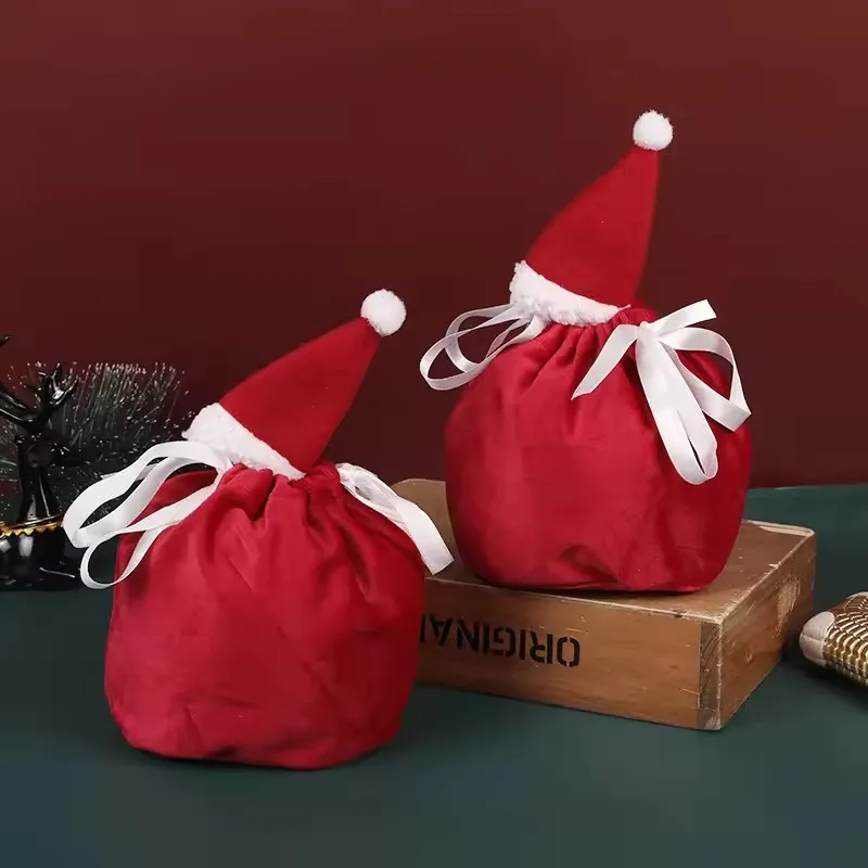 5 Stück Weihnachtsmütze Taschen Rot Weihnachtsmann Samt Süßigkeiten Geweih Taschen Kordelzug Verpackungsbeutel Navidad Neujahr Perfekte Geschenke