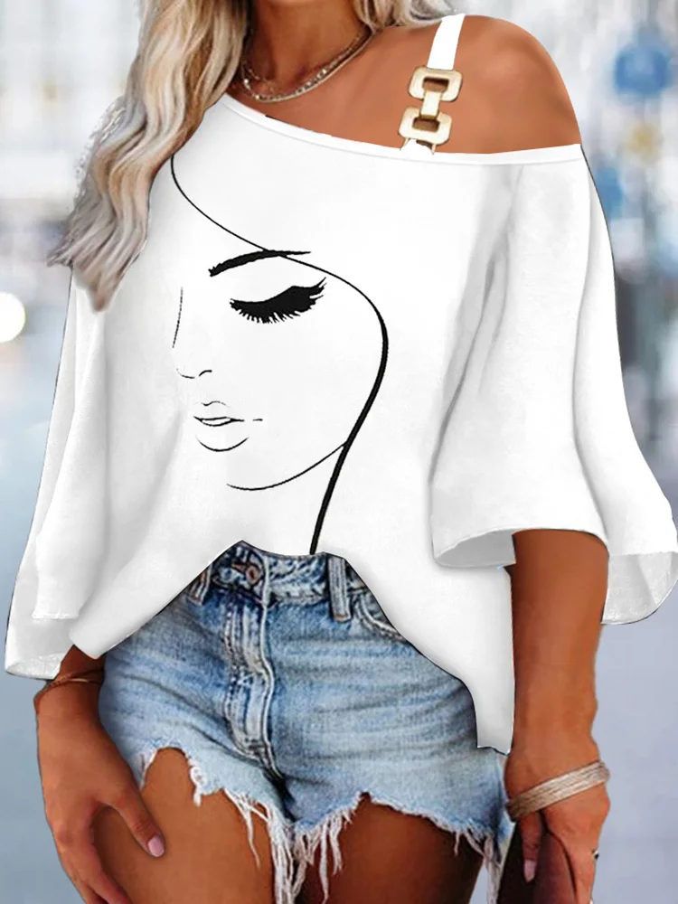 2023 Halter Hollow Out Printing Sweatshirts Women Summer Loungewear Fashion Short Batwing Sleeve XL-5XL Top Blouses Dropshipping