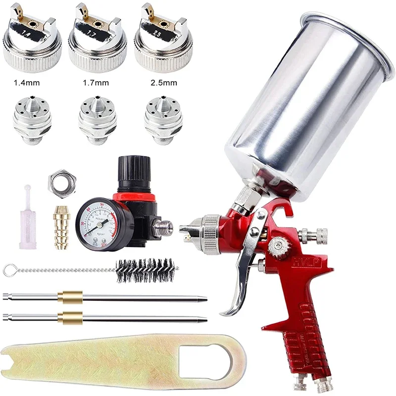 High Performance HVLP Gravity Feed Spray Gun Set with 1.4mm 1.7mm 2.5mm Fluid Tips 1000cc Aluminum Cup For Auto Paint Primer