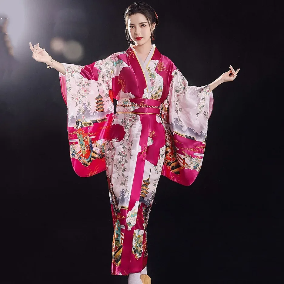 

2025 New Woman Lady Japanese Tradition Yukata Kimono Gown With Obi Flower Vintage Evening Dress Cosplay Costume One Size Suits