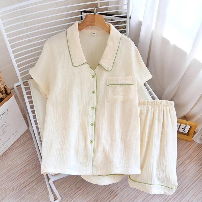 2024 New Japanese Summer Pajama Set 100% Cotton Crepe Woven Short Sleeve Shorts Ladies Thin Cardigan Home Furnishing Sleepwear