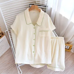 2024 New Japanese Summer Pajama Set 100% Cotton Crepe Woven Short Sleeve Shorts Ladies Thin Cardigan Home Furnishing Sleepwear