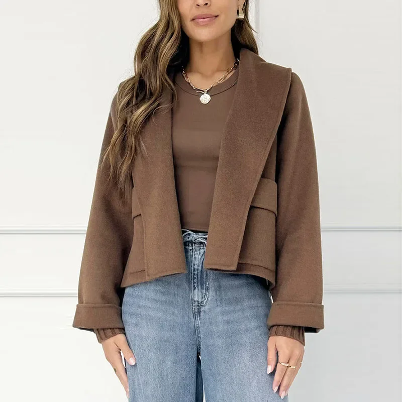 أزياء بسيطة الصلبة معطف الصوف الناعم امرأة التلبيب الياقة المفتوحة غرزة سترة أعلى الخريف الشتاء طويلة الأكمام جيب سترة ملابس خارجية