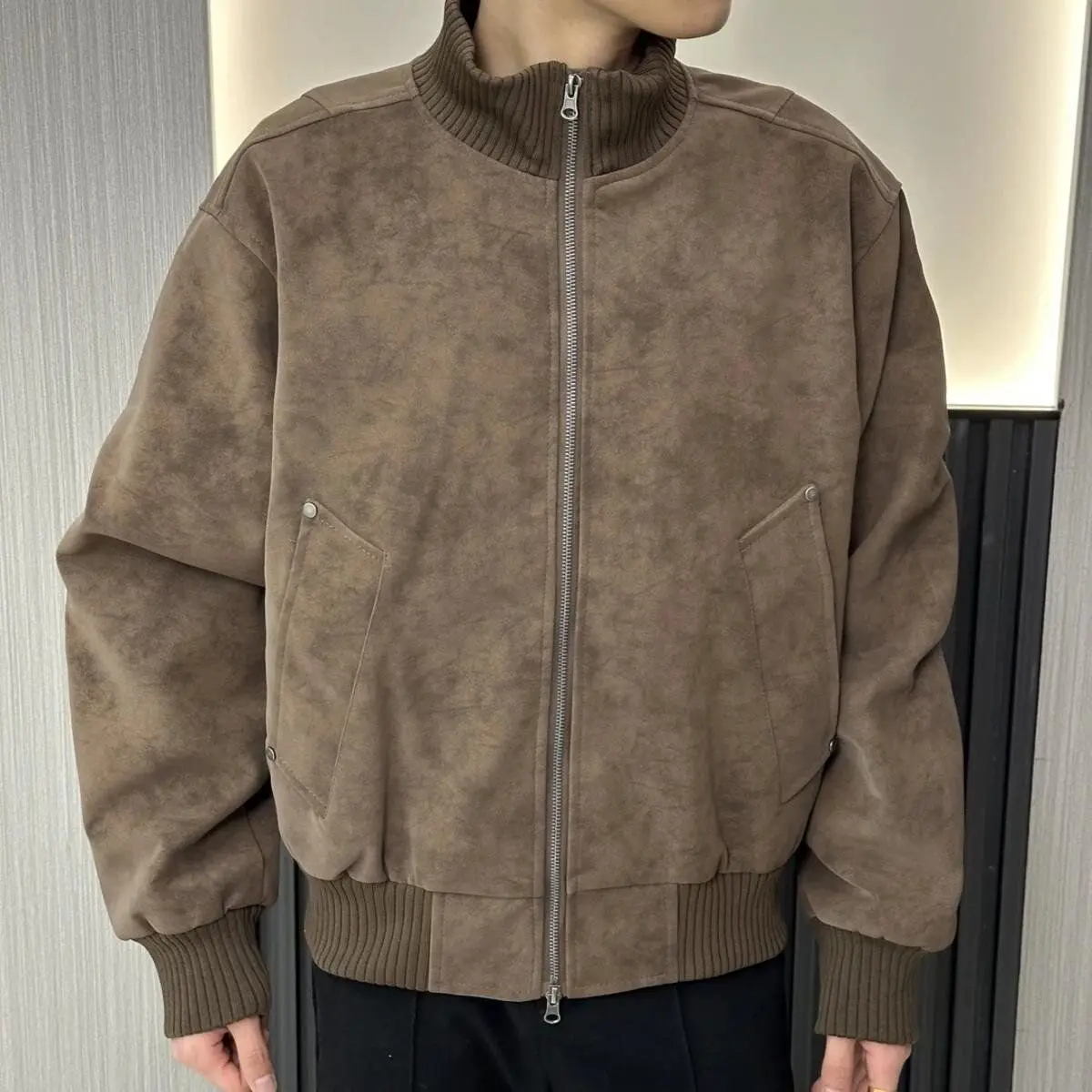 

Zipper PU Leather Jacket Washed Texture Fashion American Streetwear coat Top for Men