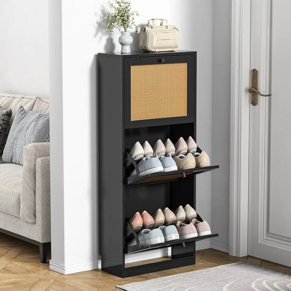 

Shoe Cabinet, 12 Pair Shoe Storage Organizer Cabinet, 3-Tier Rattan Shoe Cabinet with 3 Flip Drawers, Wooden Storage