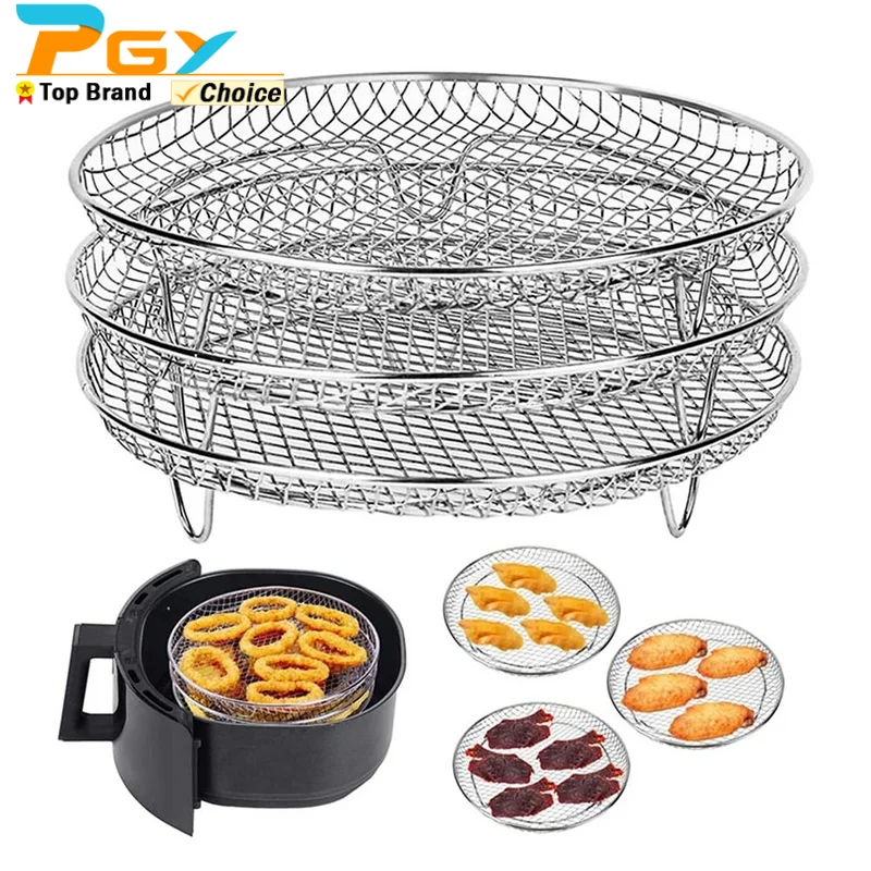 

Air Fryer Racks 7.8inch Round 3 Layer Stackable Dehydrator Rack Stainless Steel Air Fryer Basket Tray Oven Air Fryer Accessories