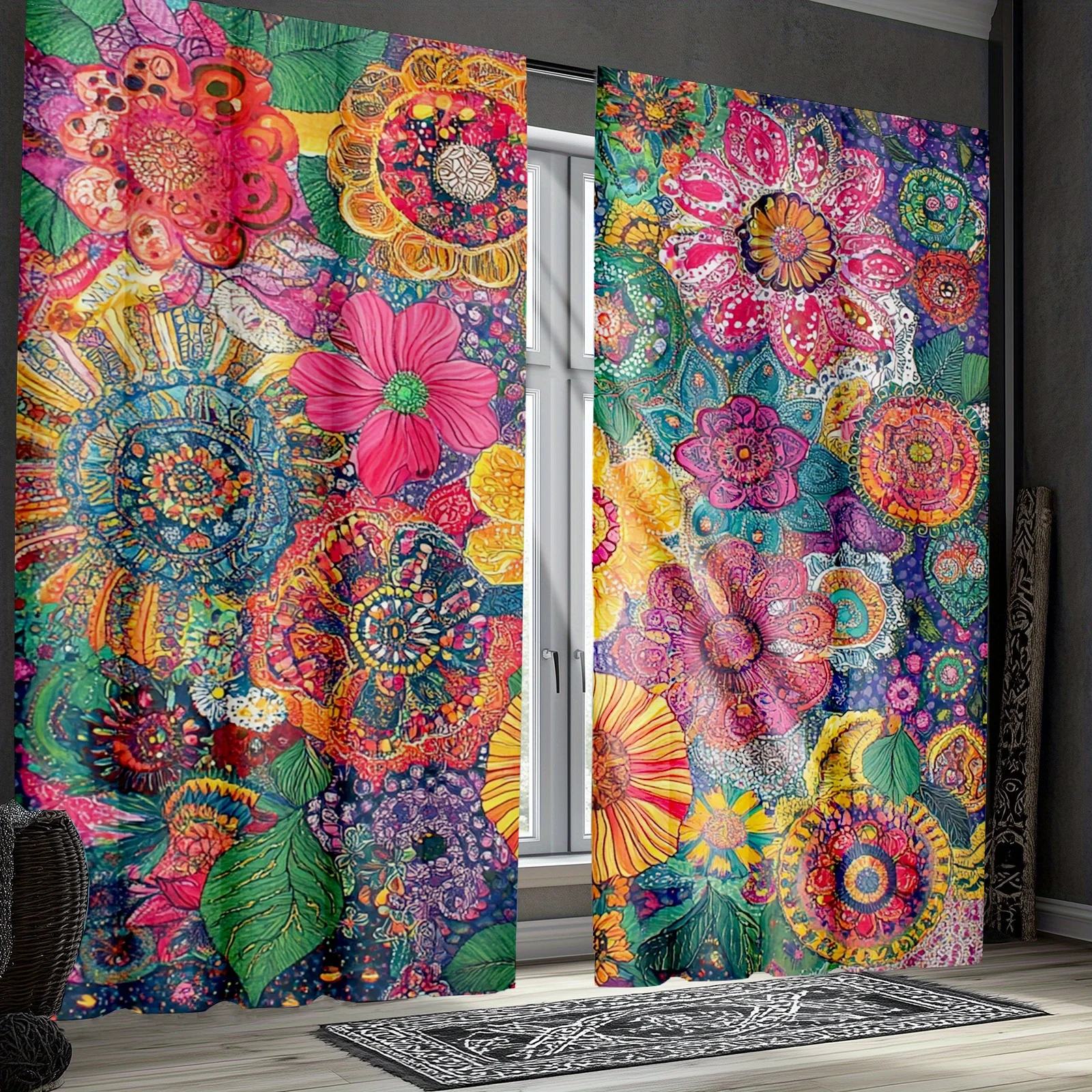 2pcs Boho Floral Curtains Set Bright Tropical Flower Power Window Drapes for Living Room Bedroom Home Decor Accent Curtains