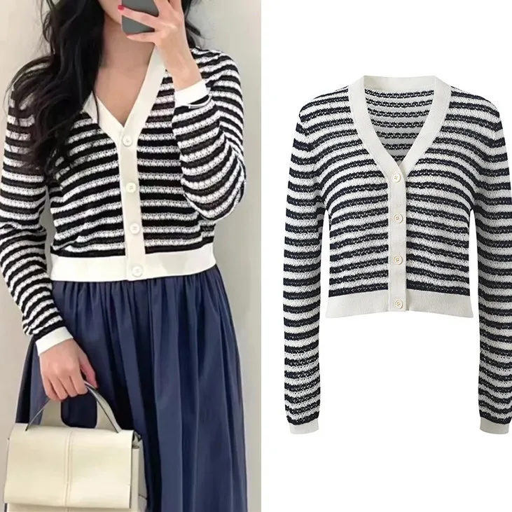 

High-End European Sle V-Ne Open Cardigan Knitted Hollow out Thin Stripe Hook Flower Design Women's Street Sle Long S...