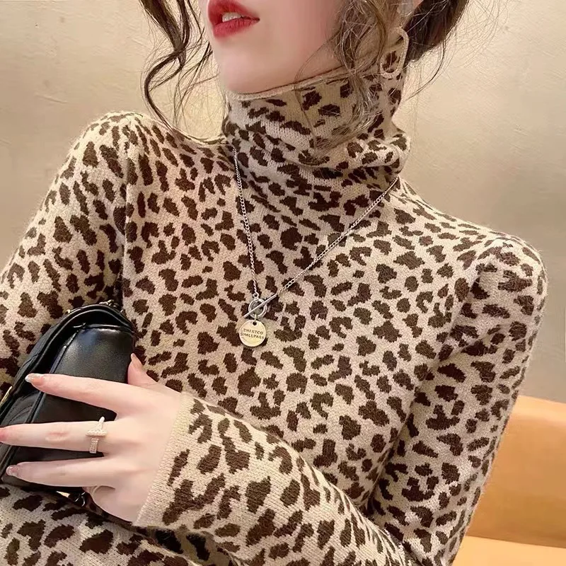 Spring Autumn Leopard Knitted Sweater Women Slim Commuting Warm Fashion Vintage Knitwear Vintage High Quality High Quality Tops