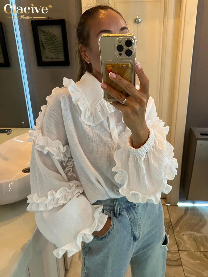 

Clacive Fashion White Cotton Woman Blouse 2023 Elegant Lapel Long Sleeve Office Shirts Casual Chic Ruffle Solid Blusa Top Female