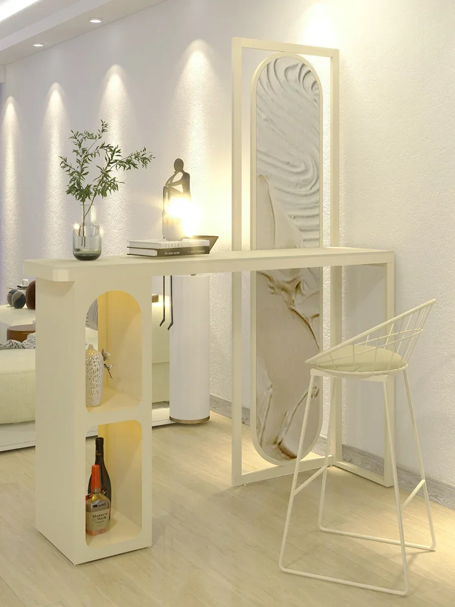 

cream wind rock board bar table wall facing foyer partition, bar screen with storage cabinet