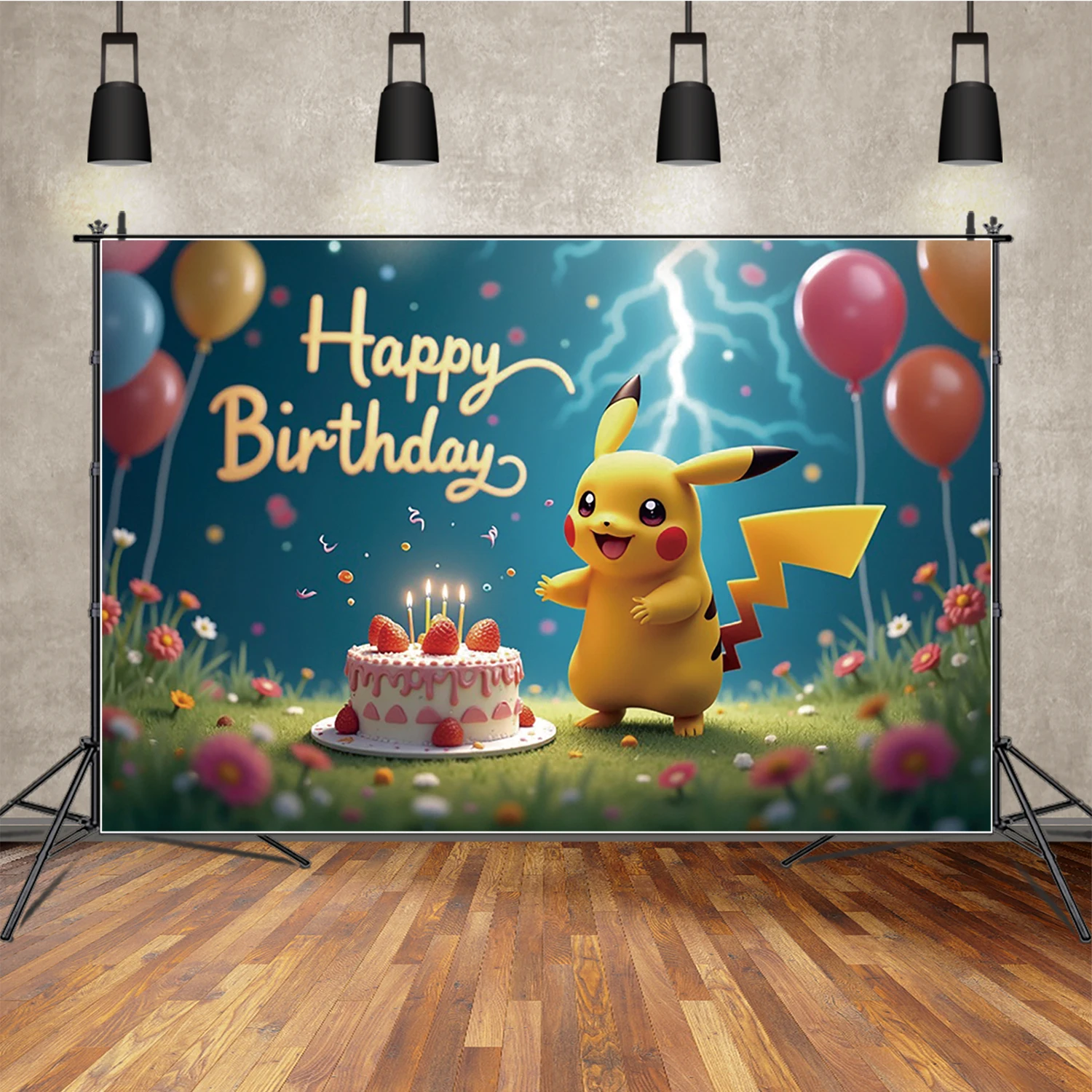 

Pokemon Theme Birthday Background Photography Cake Pikachu Grass Poster Backdrop Children Studio Party Decor Supplies