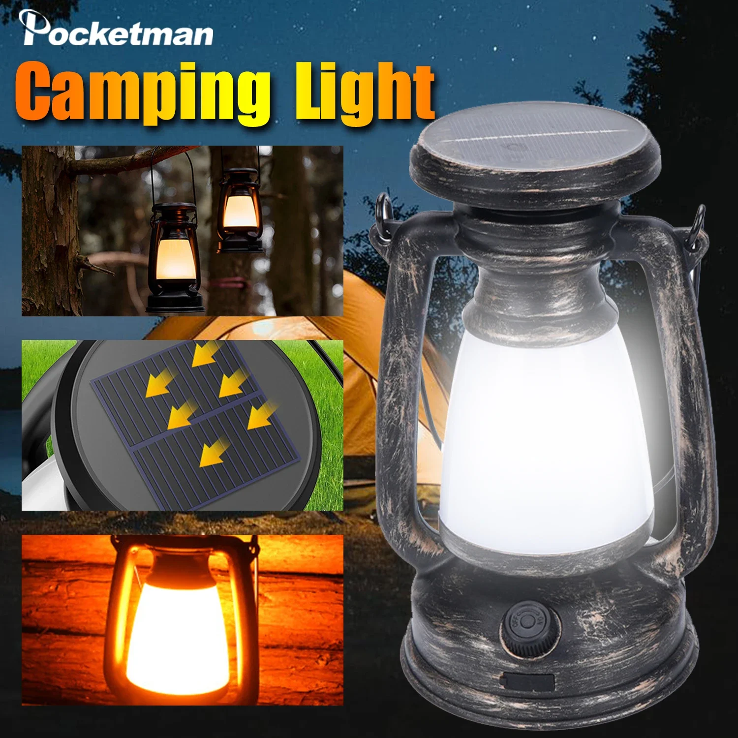 

Portable Camping Light Decorative Atmosphere Lamps Emergency Lantern Outdoor Retro Style Solar/USB Charging Night Lamp