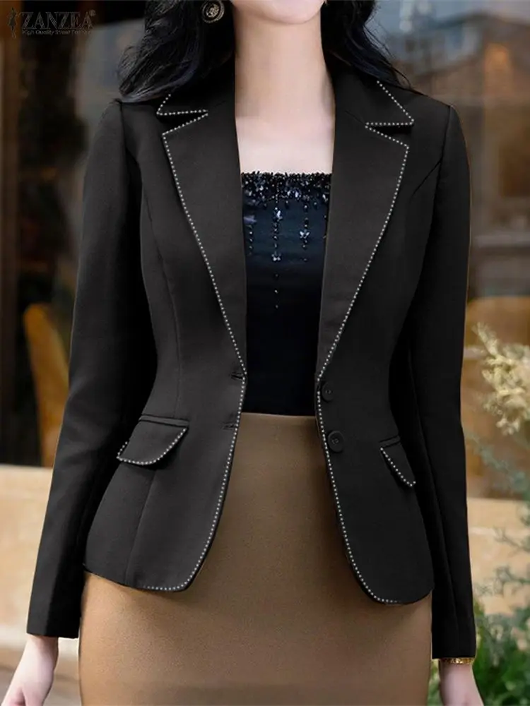 

ZANZEA 2021, модные офисные костюмы, пальто, женские повседневные свободные пиджаки с длинными рукавами, элегантные однотонные осенние костюмы с лацканами