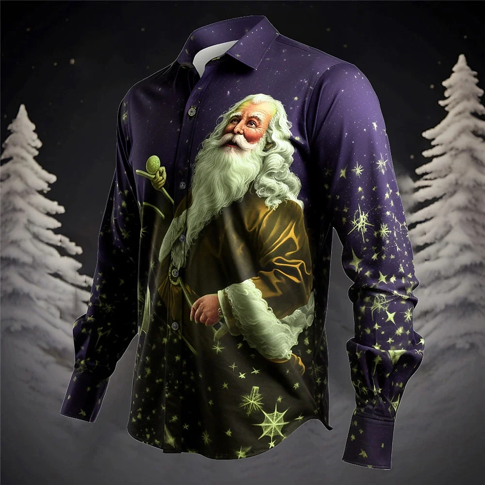 Men's 3D Printed Christmas Shirt Long Sleeved Lapel Outdoor Casual Party Role-Playing Fashionable Street High-Quality Top