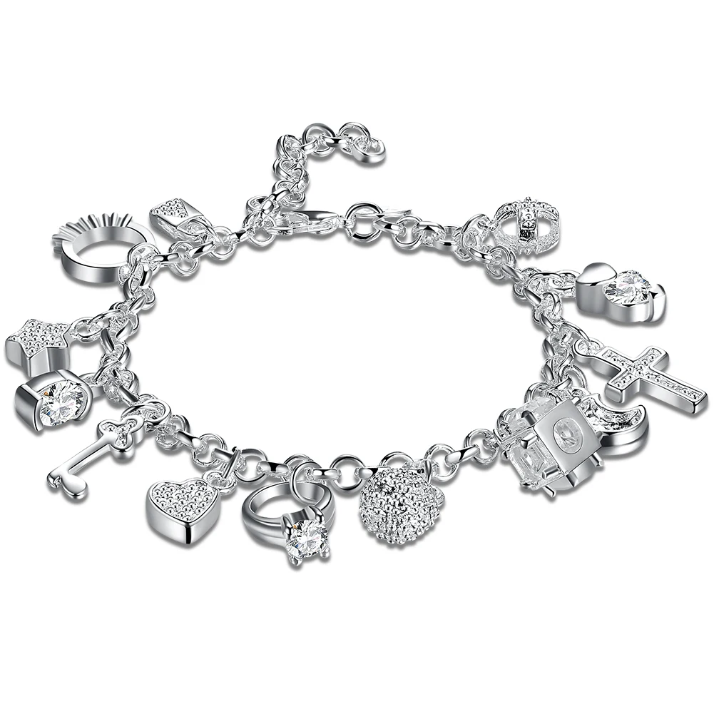 Bracelet multi-pendentif en argent regardé 925 pour femme, bracelet en cristal, cadeau de bijoux à la mode, nouveau