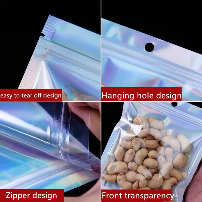 100 Pcs Resealable Translucent Laser Zipper Lock Bag Holographic Iridescent Bag Jewelry Necklace Cosmetics Gift Packaging Bags