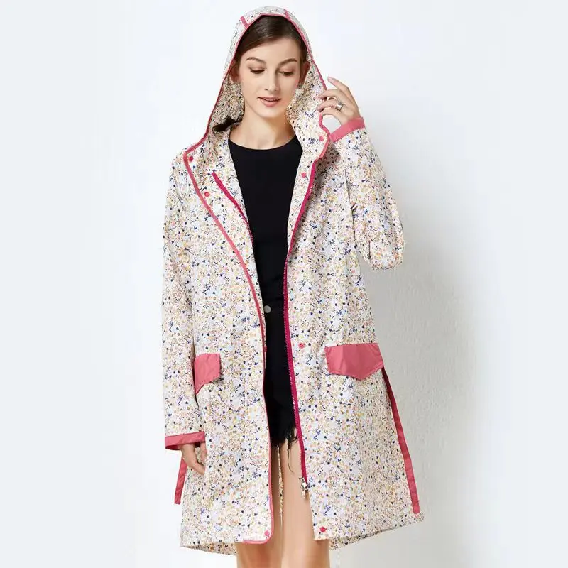 Fashion Women Floral Waterproof Raincoat With Belt Light Breathable Rainwear Outdoor Adult Man Flower Print Rain Coat Jacket