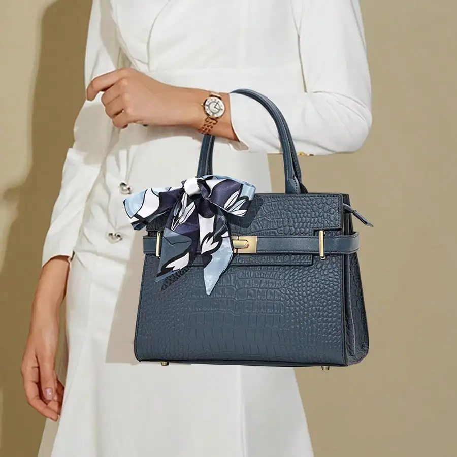 

Genuine Leather Crocodile Embossed Briefcase, Women's Fashion Silk Scarf Decor Top Handle Bag, Large Capacity Commuter Convertible Satchel