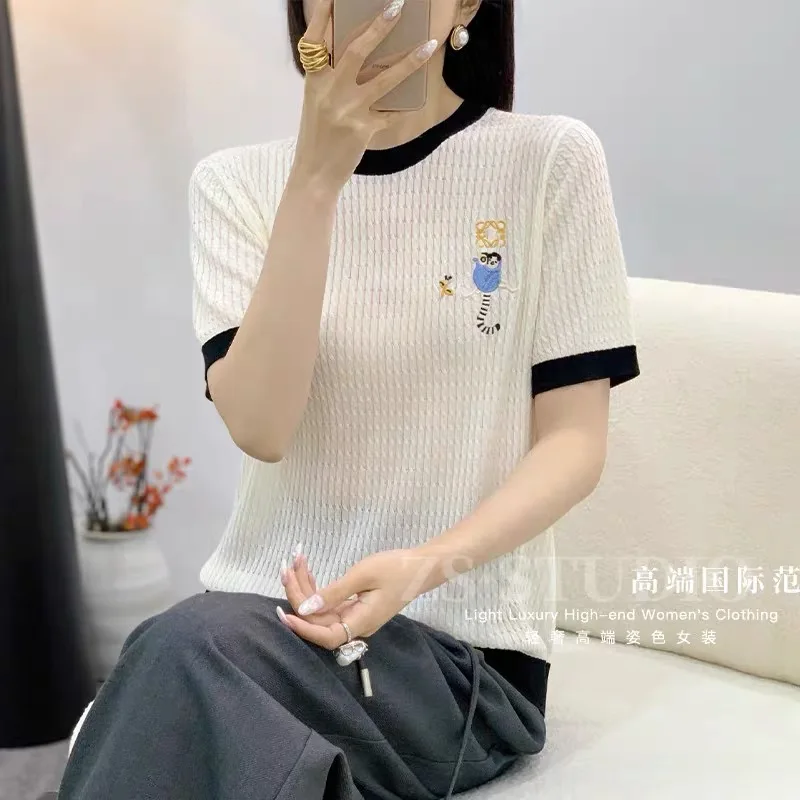 Mulheres de malha camisetas camisola verão dos desenhos animados bordado manga curta camisetas topos moda casual solto senhoras jumpers malhas