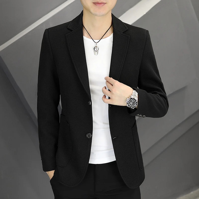 High-quality two-button casual suit with waffle pattern, suitable for spring and autumn seasons, for men.