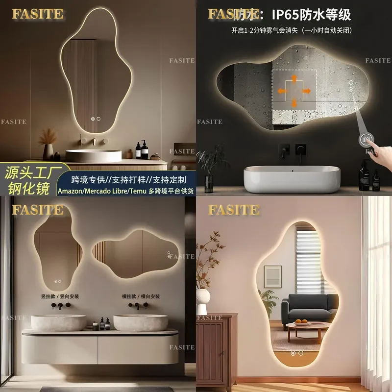 For Irregular Smart LED Bathroom Mirror Wall Mounted Makeup Light with Hand Washing Sensor Modern Design for Home Decor
