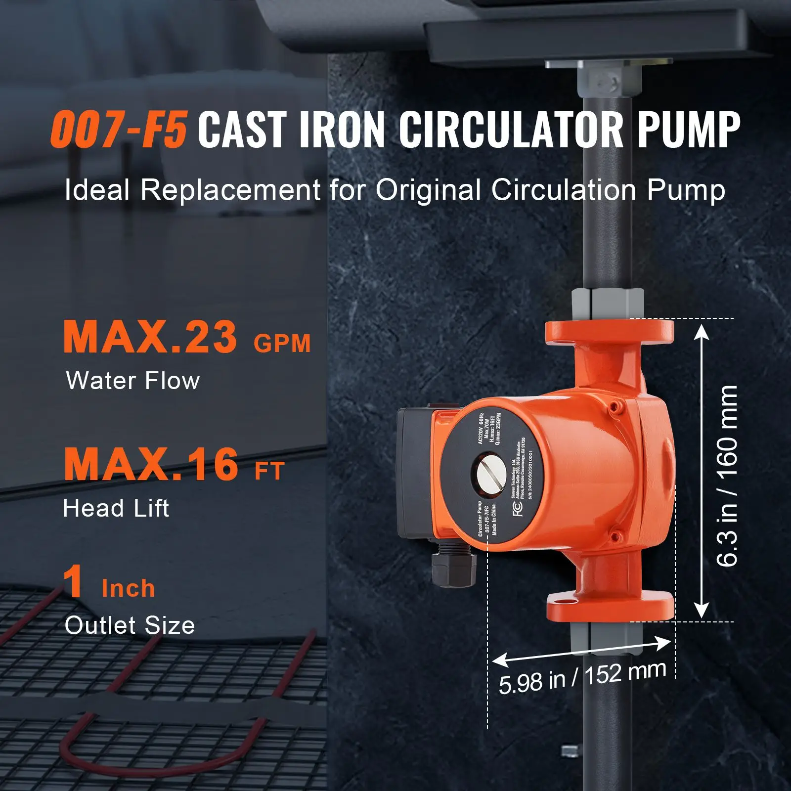 007-F5-7IFC Hot Water Recirculating Pump, 110V, 70W 23 GPM Circulation, 1