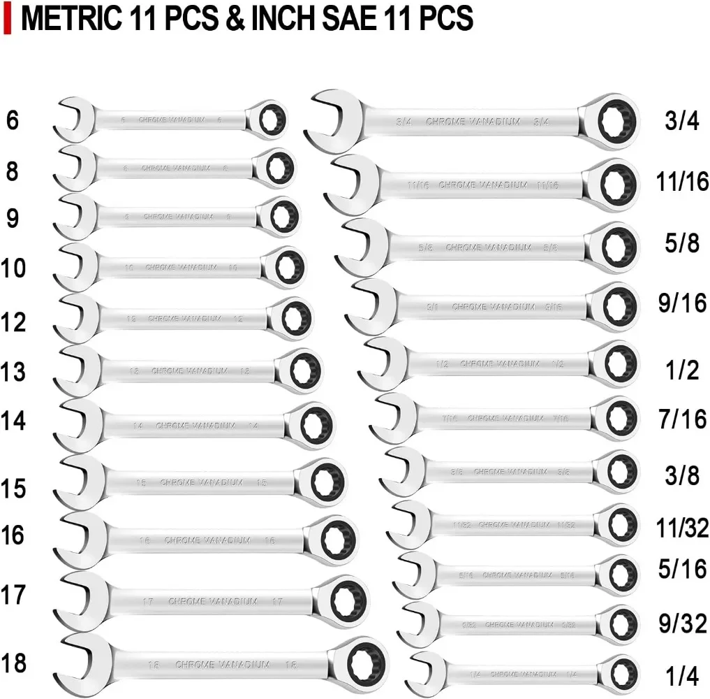 22 PCS Ratcheting Wrench Set,Standard Combination Ratchet Wrenches Set for Car Repair,Chrome Vanadium Steel,