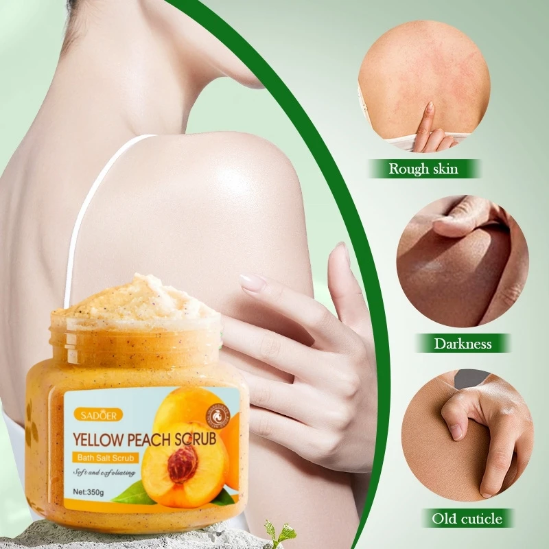 مقشر الجسم بالخوخ الأصفر 350 جرام، تقشير ناعم، ينظف عميق للجسم من الزيت والأوساخ، ويزيل خلايا الجلد الميت دون فقدان الجلد، ويمكن استخدامه لتقشير الوجه والذراعين والجسم والساقين والقدمين، ومنتجات تنظيف البشرة اليومية