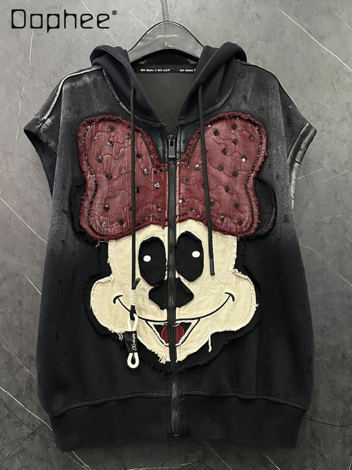 Spring and Autumn Heavy Industries Cartoon Sleeveless Hooded Coats Sweatshirt Vest Women Loose Casual Sequins Top Streetwear