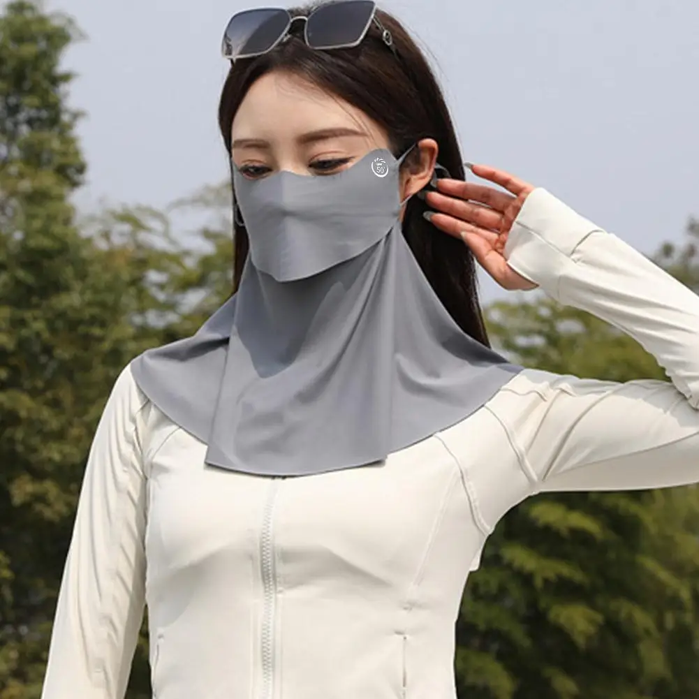 ฤดูร้อนผ้าไหมน้ําแข็งหน้ากากป้องกันแสงแดดสําหรับผู้หญิง UPF50 + ผ้าพันคอไหมพรมป้องกันรังสียูวีขี่จักรยานกลางแจ้งเดินป่า 360 °   ผ้าคลุมคอหน้า