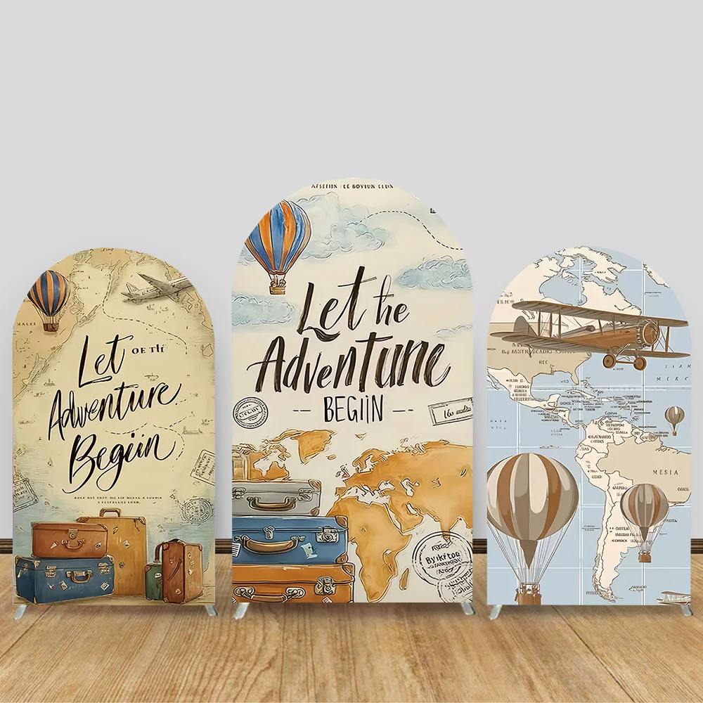 

Adventure Themed Party Elastic Cover Travel World Map Birthday Custom Chiara Wall Board Sign Hot Air Balloon Airplane BabyShower