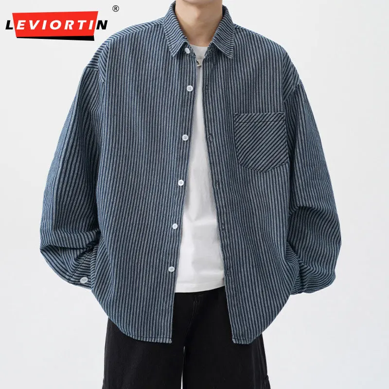 

Мужская весенне-осенняя винтажная джинсовая полосатая рубашка с вышивкой сзади, японская свободная и простая повседневная рубашка