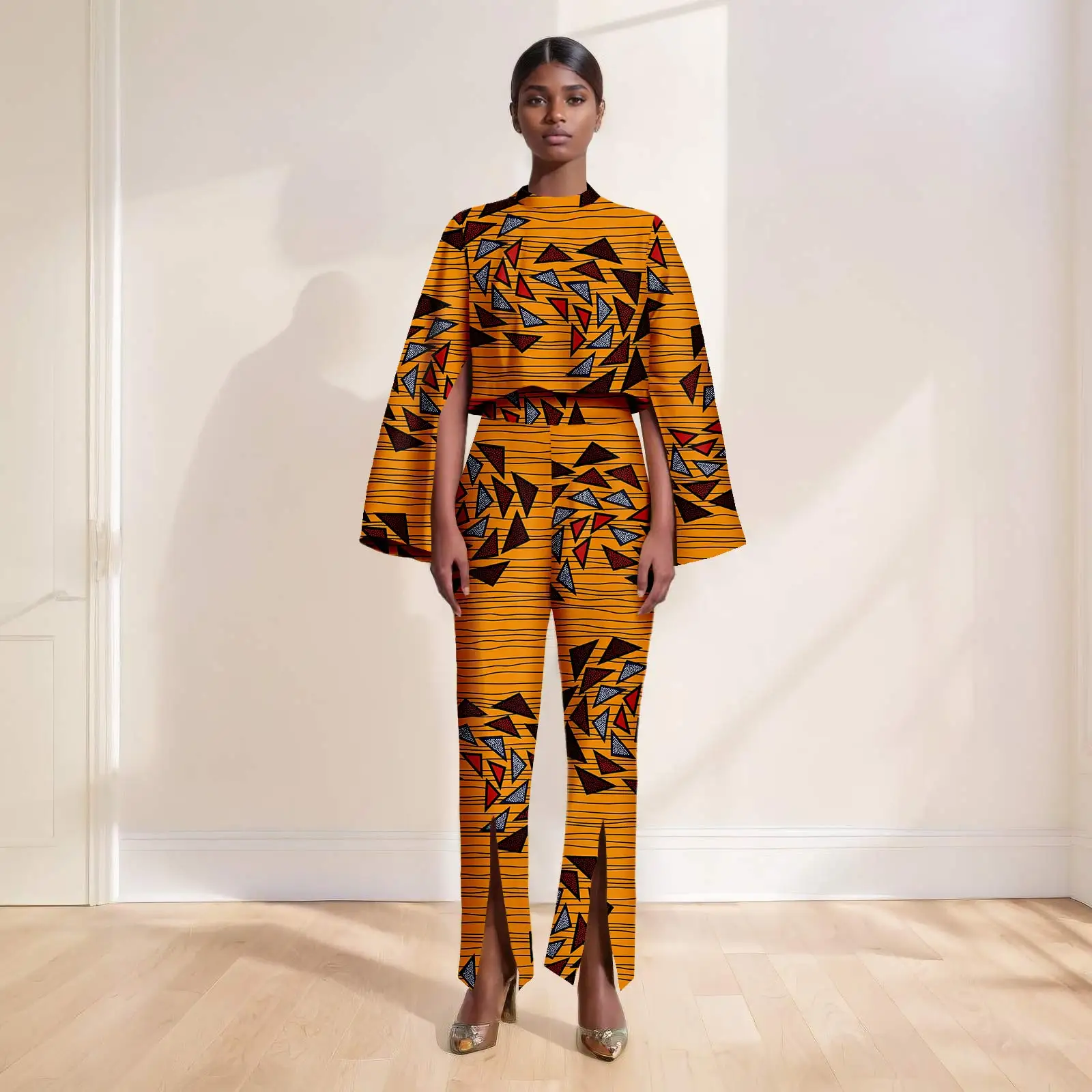 African American Women Ankara Printed Sexy Long Sleeve Super Short Top Fashion Casual Wide Leg Pants 2426032