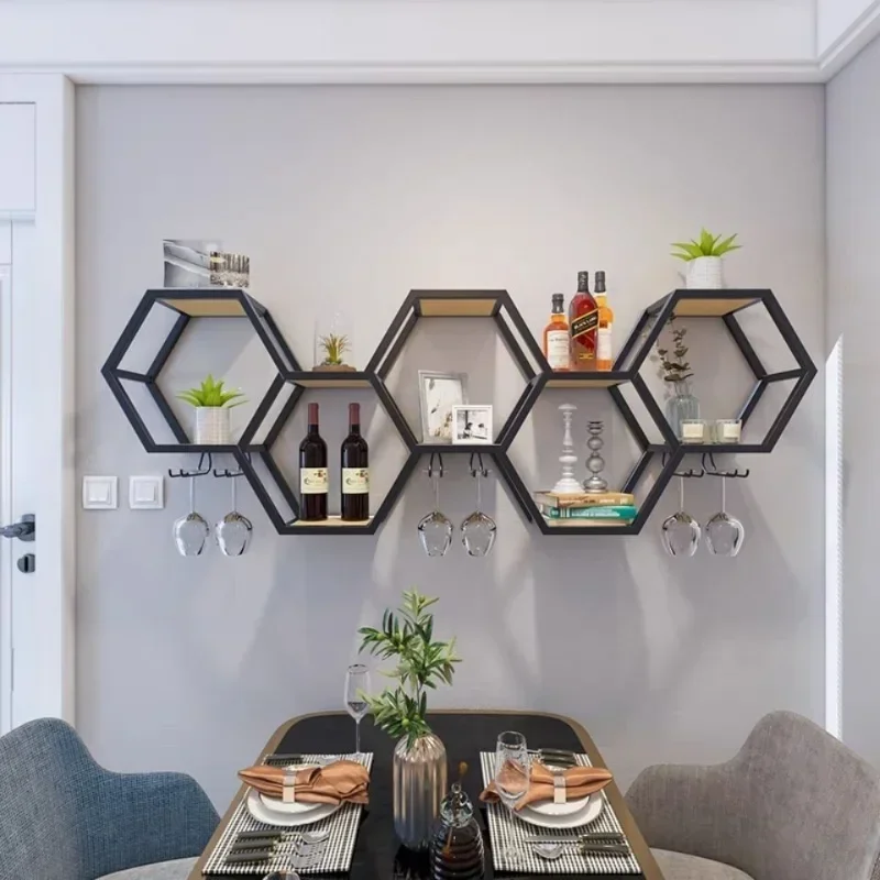 

Living room dining table wall wrought iron rack wine rack wall hanging creative partition hexagon display rack shelf organizer