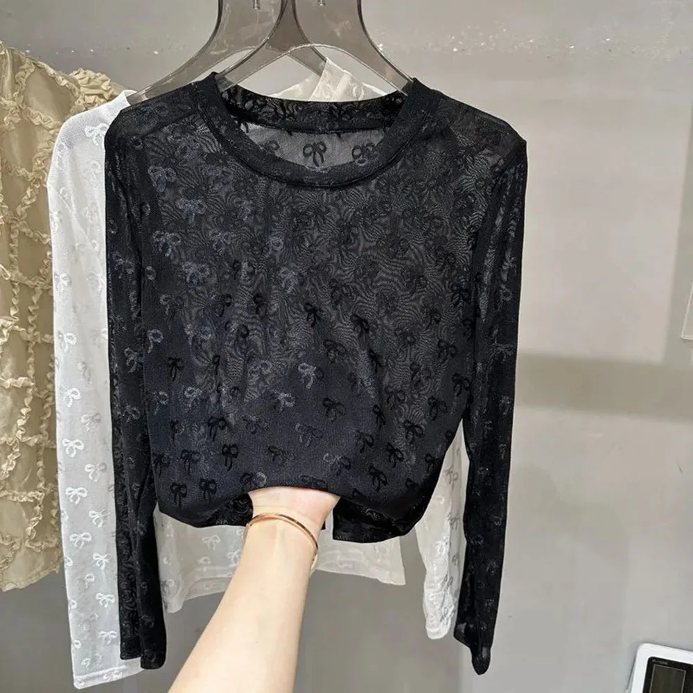 Transparent Mesh T Shirts Women Sexy Bow Print T-Shirts Women See Through Mesh Pullover Femme Tops Sexy Slim Bottoming Tee Shirt