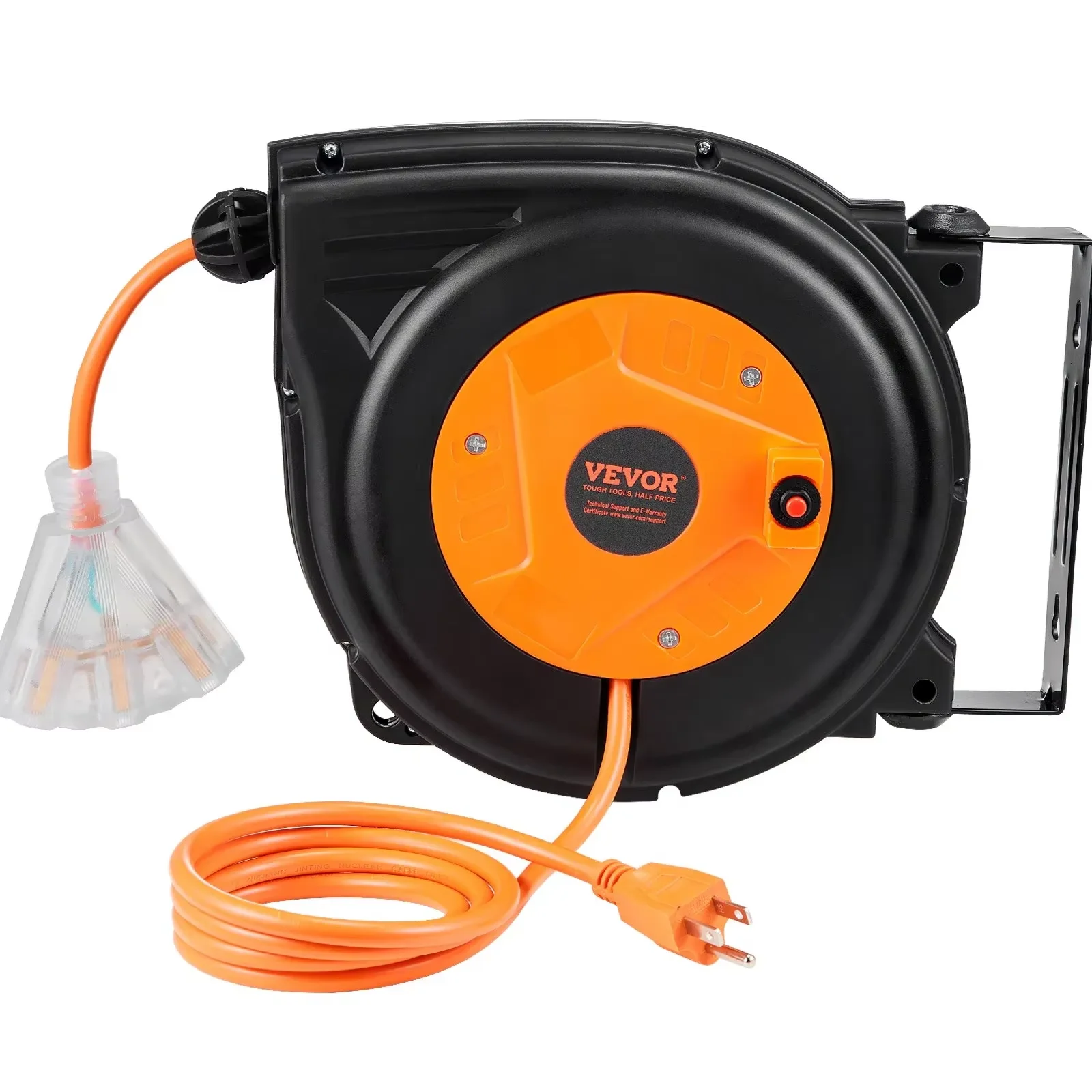 Retractable extension cord reel 30ft power cord triple socket circuit breaker ceiling wall mount bracket