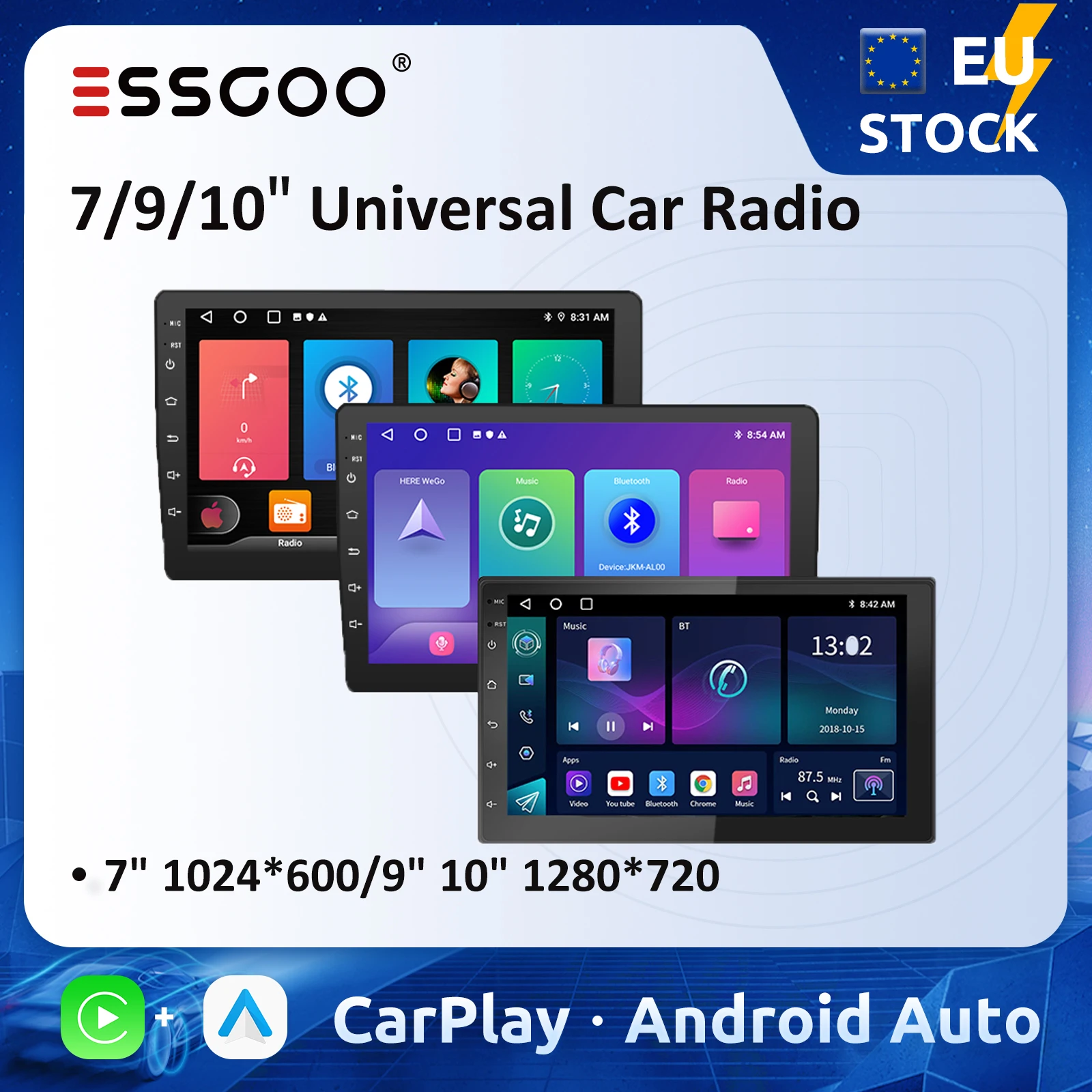 ESSGOO 7 9 10 רדיו לרכב Android Auto Carplay נגן מולטימדיה סטריאו אוניברסלי WIFI GPS Autoradio מערכות אינטיליגנטיות לרכב
