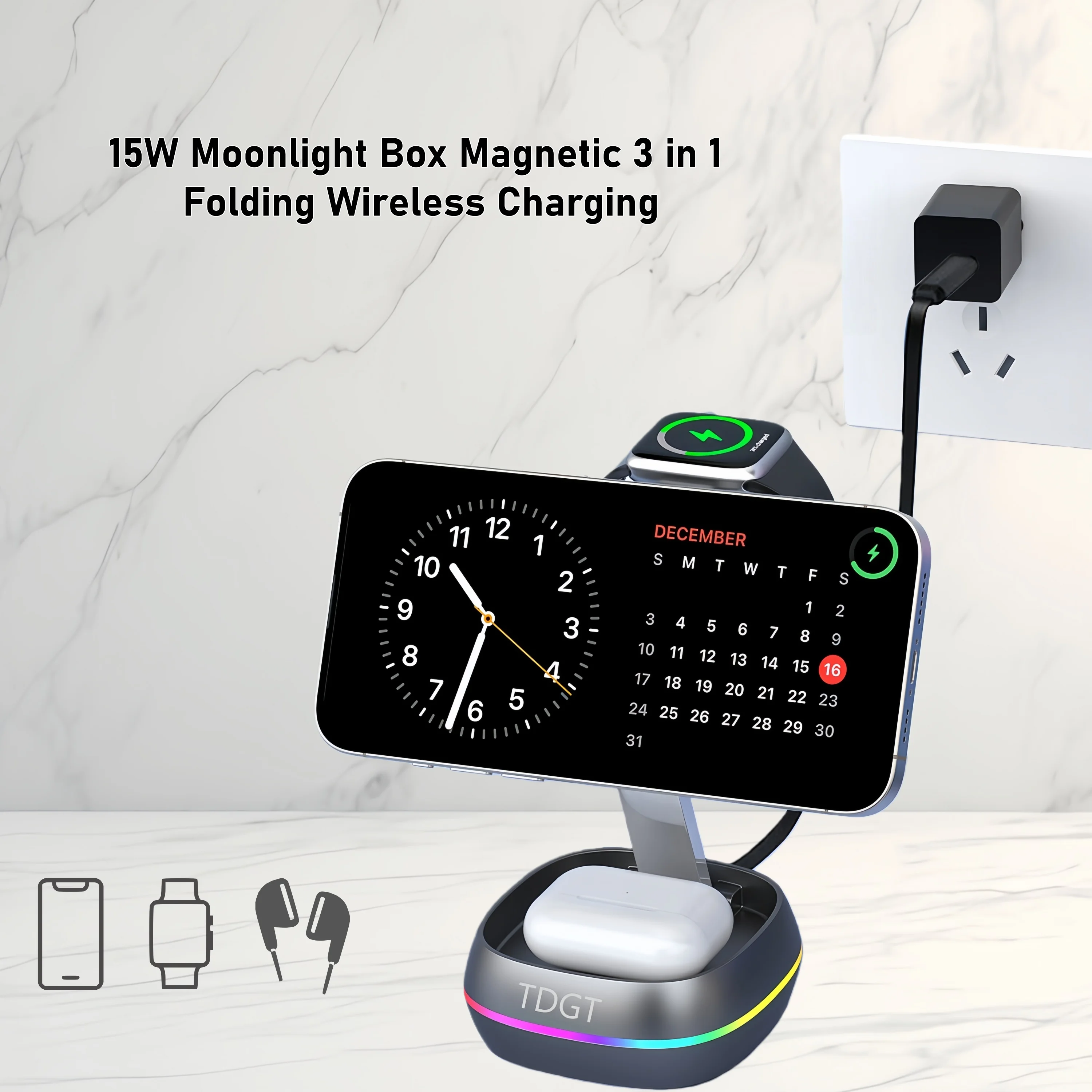 TDGT 3 في 1 شاحن لاسلكي بزر لمس مغناطيسي لساعة الهاتف Airpods قاعدة شحن سريعة