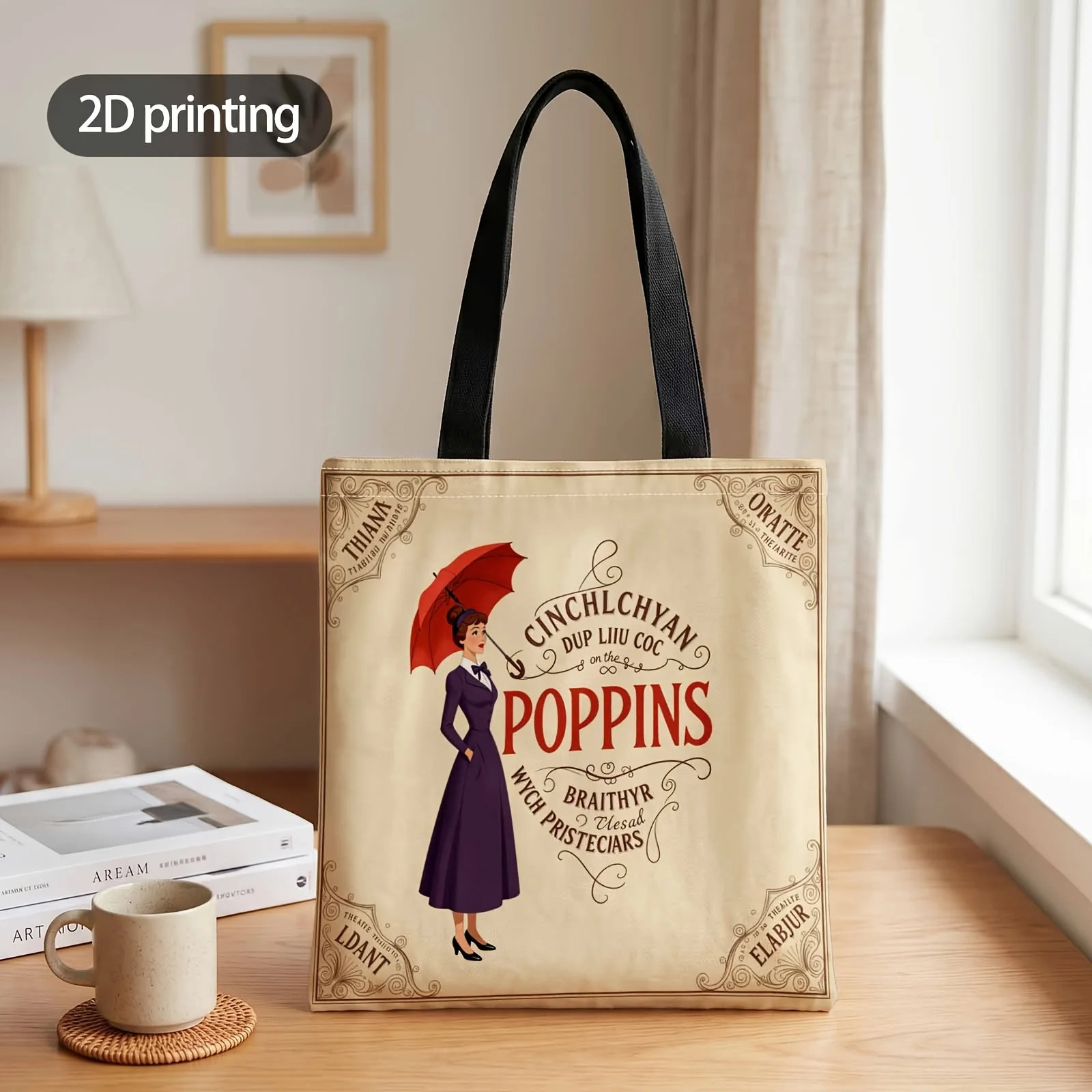 2D Printed Handbag with Mary Poppins Returns Pattern, Reusable Fashion Shoulder Bag Shopping Tote Bag Suitable for Shopping Offi