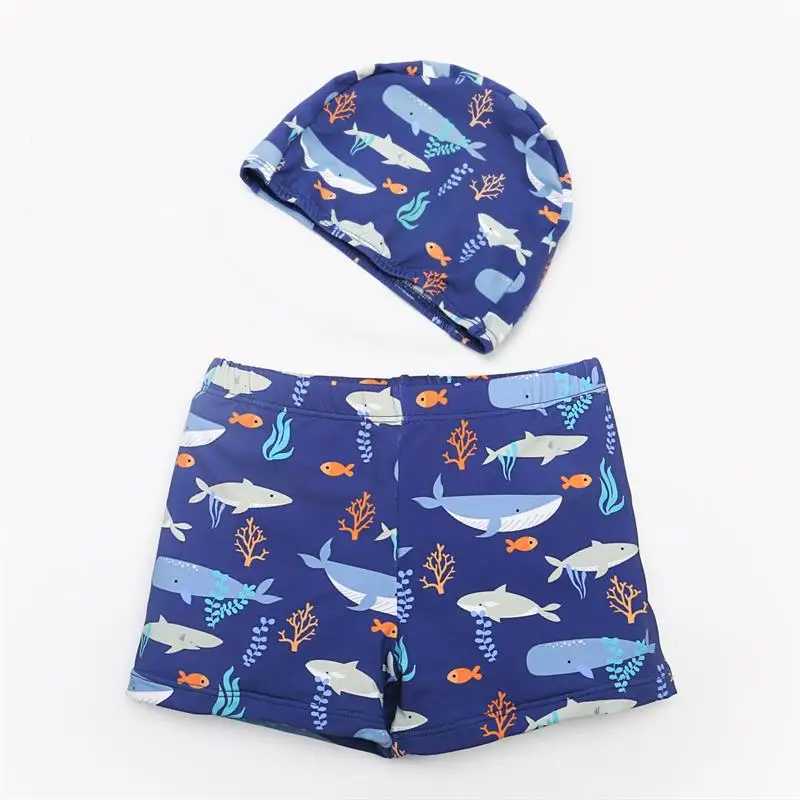 

2022 Children's Swimming Trunks + Hat Boys Swimsuit Whale Dinosaur Print Boxer Swimming Trunks Blue Drawstring 12 Beach Shorts