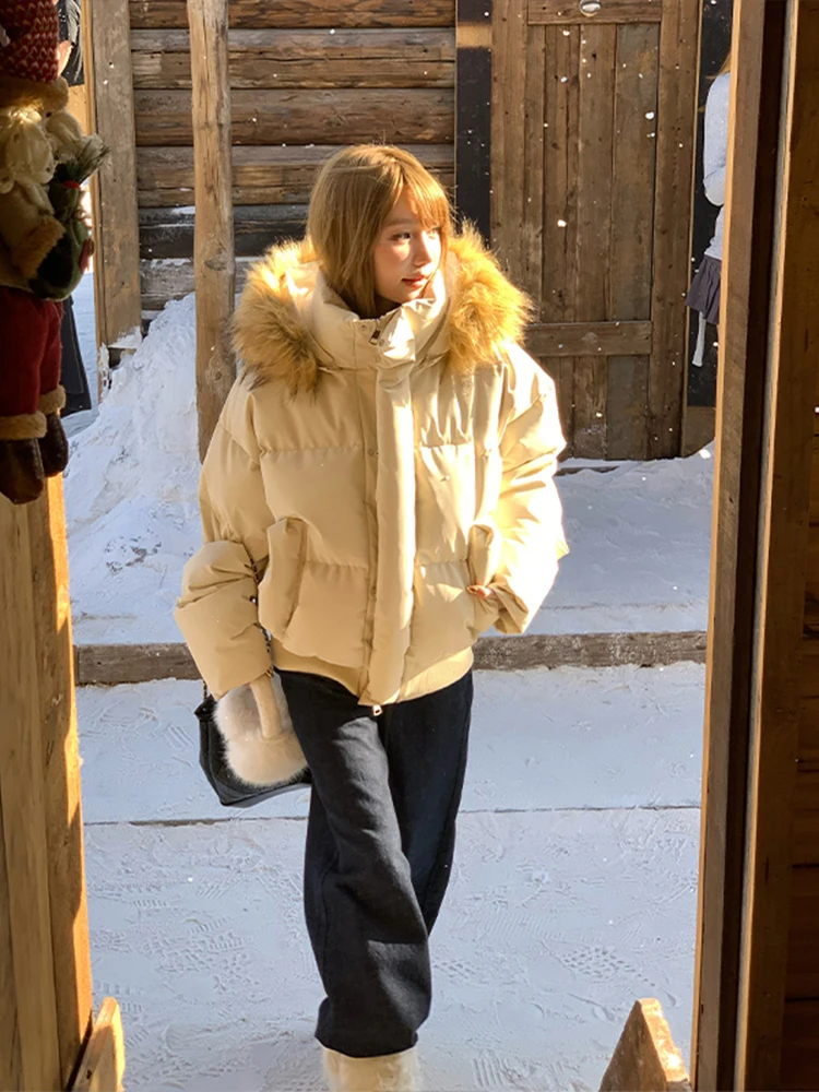 

Cleanfit American High Street Thickened Cotton Jacket Coat with Fur Collar for Men And Women Short Hooded Couples Clothes