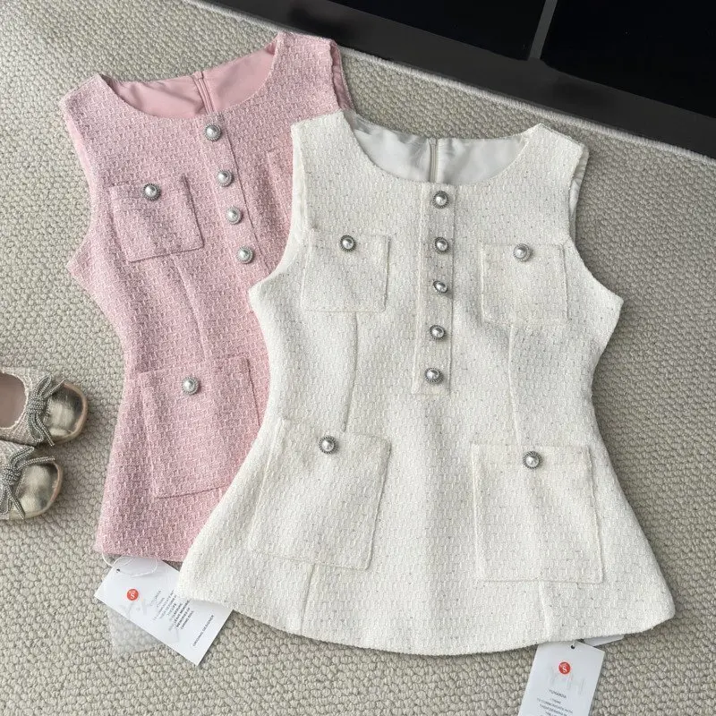 High Quality Female Tweed Sleeveless Vest Top High Waist Shorts Set Women French Slim Summer Sweet Girl Lady Two Piece Outfits