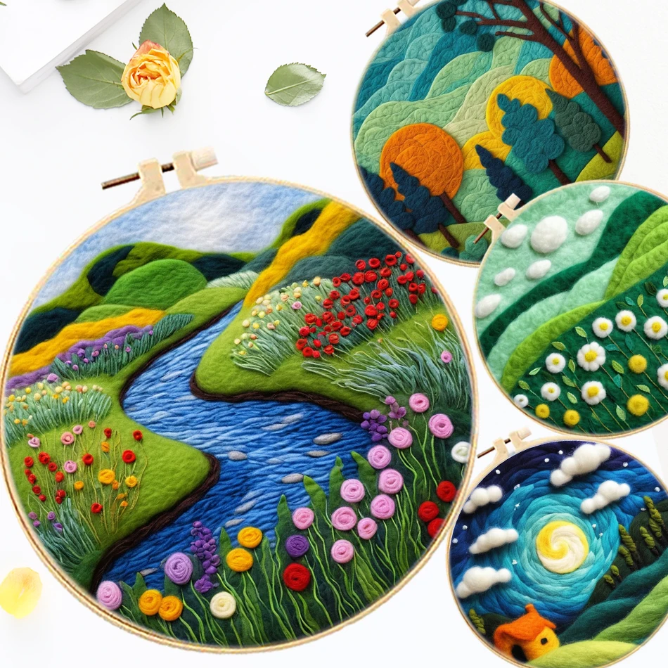 SDOYUNO Painting DIY Wool Felt Embroidery With Frame Kit Scenery Diy Wool Felting Picture Kit Craft Painting Home Decors